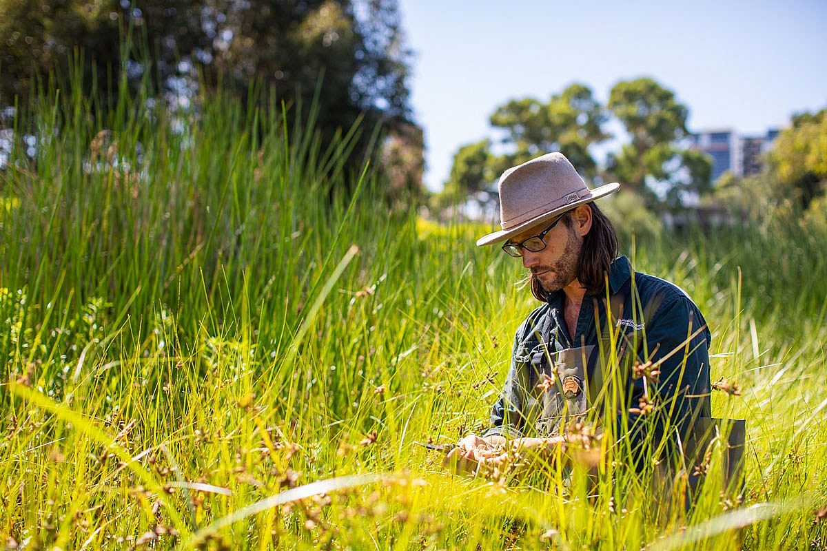 Agriculture apprentice working in long grass