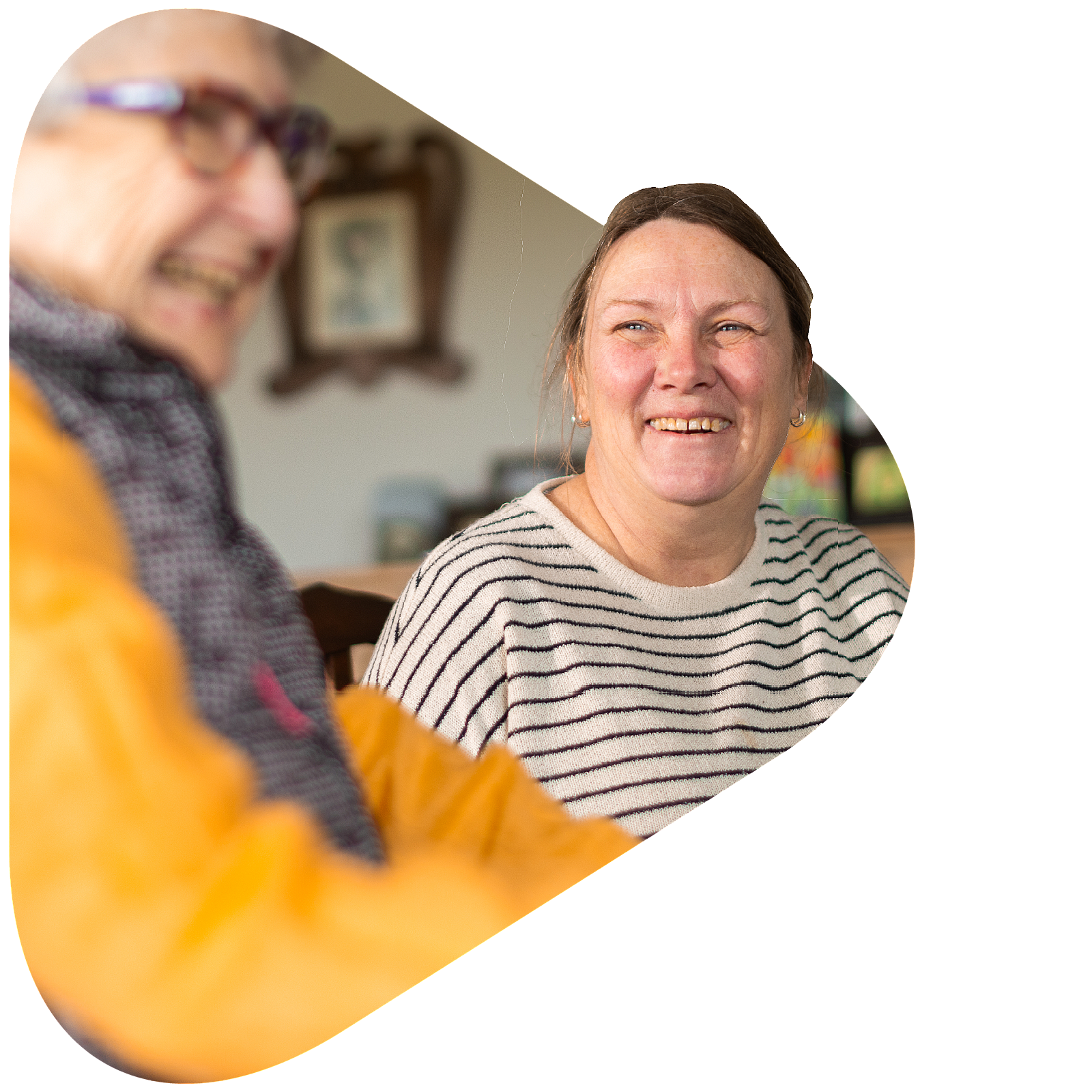 Smiling aged care worker laughing with older client